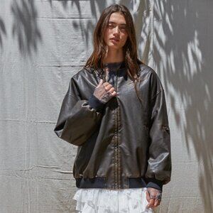 Oversized Brown Vegan Leather Bomber Jacket